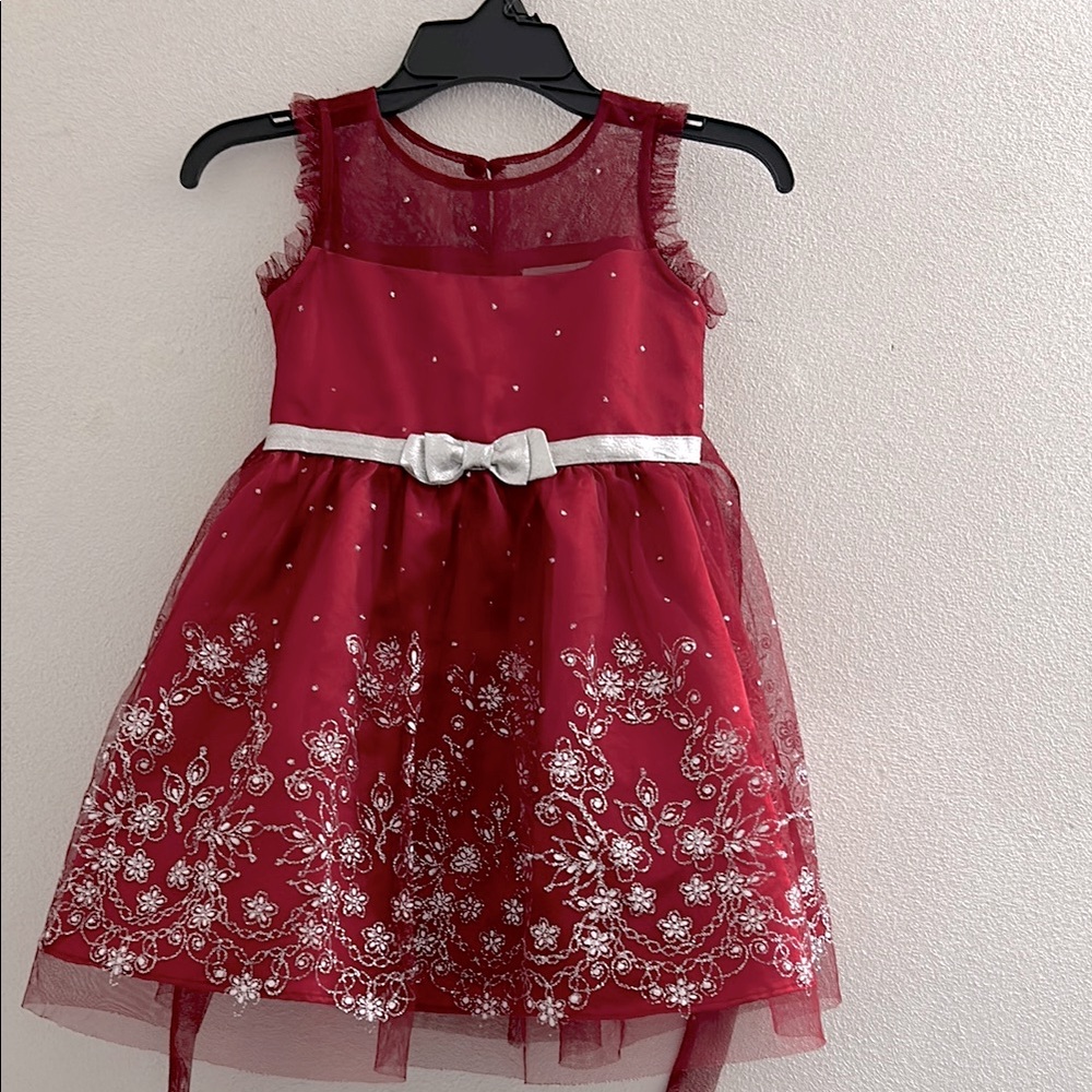 Elegant Deep Dark Red Kids Dress with Floral Glitter Embroidery. Size 4T.